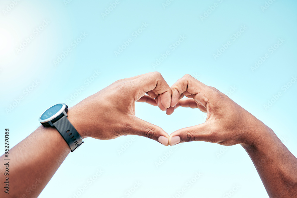 Canvas Prints Person, fitness and heart hands with blue sky for love, support or review on health and wellness in nature. Closeup of athlete with shape, emoji or sign for like, feedback or exercise on mockup space