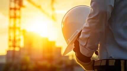 Construction worker holding a hard hat at sunset.