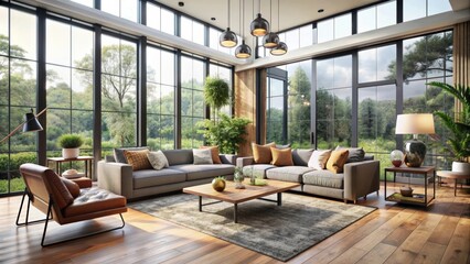Fototapeta premium Living room interior with modern blinds, natural light, and stylish decor elements, home decor