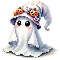Adorable cartoon ghost character with large eyes, wearing a flowing hooded cloak adorned with smiling pumpkin decorations, perfect for Halloween themes and festive designs.
