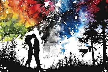 Obraz premium A romantic silhouette of a couple against a vibrant, colorful background with trees, symbolizing love and connection.