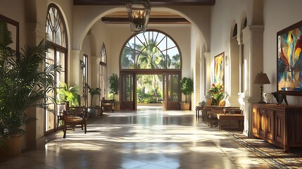 Elegant Arched Hallway with Double Doors Leading to a Tropical Garden