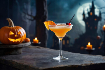 Cocktail against atmospheric spooky Halloween-themed background, blurred backdrop with moody lighting, mysterious vibe. For Halloween party promotions, themed events, holiday invitations