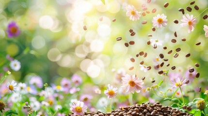 Vibrant Floating Flowers and Coffee Beans on Sunny Background. Coffee enema health concept. Generative ai.