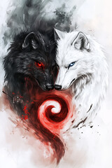 Ying and Yang Chinese symbol with the morph of two wolves Black and White wolf Yin and Yang Intense Romanticism Red fog