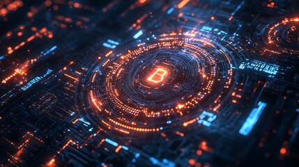 Obraz premium Glowing Bitcoin Symbol on Futuristic Circuit Board