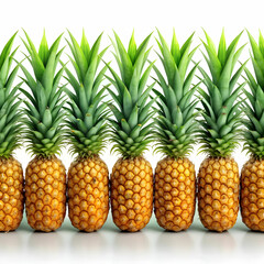 Obraz premium a row of pineapples with green leaves with white background