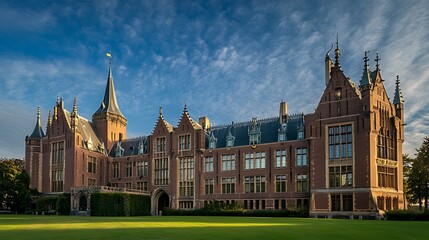 Naklejka premium A large, historic, red brick building with a tall tower and a green lawn in front of it. The building has many windows and a complex roofline. The sky is blue with some white clouds.