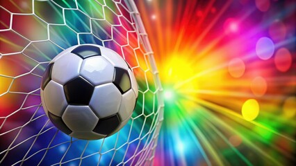 Fototapeta premium Soccer ball in goal on multicolor background, goal, soccer, ball, sport, game, victory, success, scoring, achievement