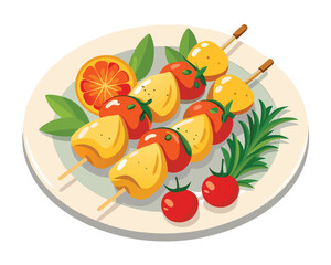 Chicken skewers with slices of sweet peppers and dill in plate in white background