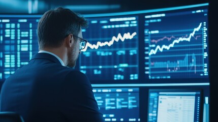 Fototapeta premium A businessman analyzing financial data on multiple screens, showcasing stock market trends and data analysis in a modern office.