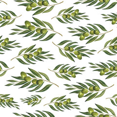 Watercolor green olive branches seamless pattern For wallpaper olive oil wrapping floral print textile cafe decoration Background design Botanical ornament Scrapbooking Italian plant Organic Natural