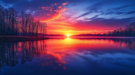 Vibrant Sunset Over a Calm Lake with Silhouetted Trees Reflecting on Water, Capturing the Tranquil Beauty of Nature at Dusk in Rich Colors