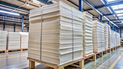 A reserve of paper neatly stacked in a printing house, paper, printing, press, stock, industry, warehouse, supply