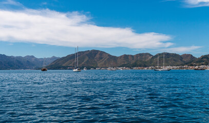 Aegean Sea Bay. Boats in the sea. Marmaris coast in Turkey