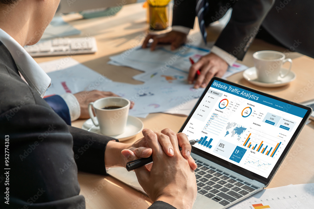 Poster computer software for website traffic analytics data on computer screen. concept of seo search engin