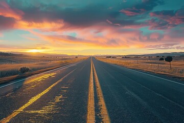 Fototapeta premium serene horizon panoramic sunset view of empty asphalt road landscape photography