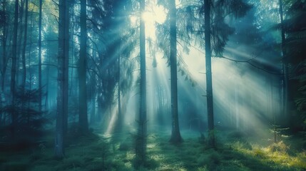 Naklejka premium serene misty forest landscape with sunbeams filtering through trees atmospheric nature photography