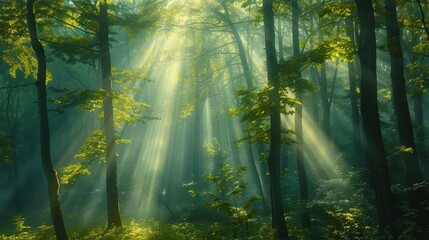 Obraz premium serene misty forest landscape with sunbeams filtering through trees atmospheric nature photography