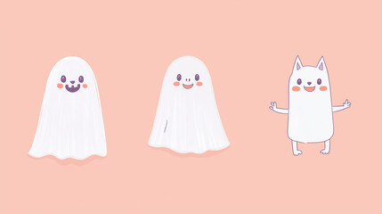 Adorable Halloween Ghosts and Smiling Cat Illustration on Soft Pink Background