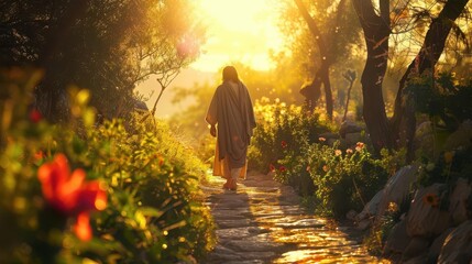 Fototapeta premium serene outdoor scene with jesus walking alone on an ancient stone path surrounded by soft golden light and lush mediterranean flora