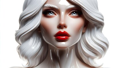 Fototapeta premium A resin statue of a beautiful woman with sleek, glossy, white porcelain skin, red lips, and platinum hair