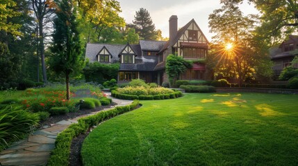 Fototapeta premium serene residential landscape with manicured lawn and artfully arranged flower beds winding path leads to a charming house bathed in warm golden evening light