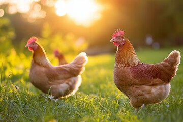 Fototapeta premium Several chickens freely roam in a lush green field bathed in warm sunlight, representing farm life.