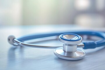 A detailed close-up of a medical stethoscope resting on a wooden surface, symbolizing healthcare and diagnosis.