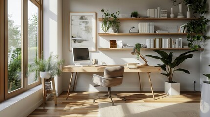 serene scandinavianinspired home office with floating wooden shelves minimalist artwork and cozy reading nook bathed in soft natural light from large windows