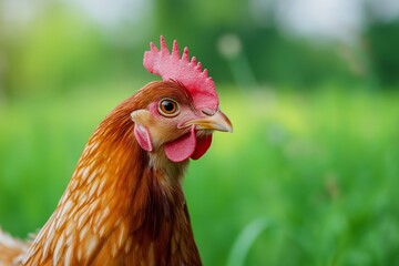 A close-up shot of a chicken displaying its vivid reddish-brown feathers and pink comb with a blurred green background.