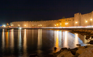 The walls of the old town of Rhodes at night