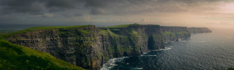 Panoramic view of the Cliffs of Moher, Ireland.