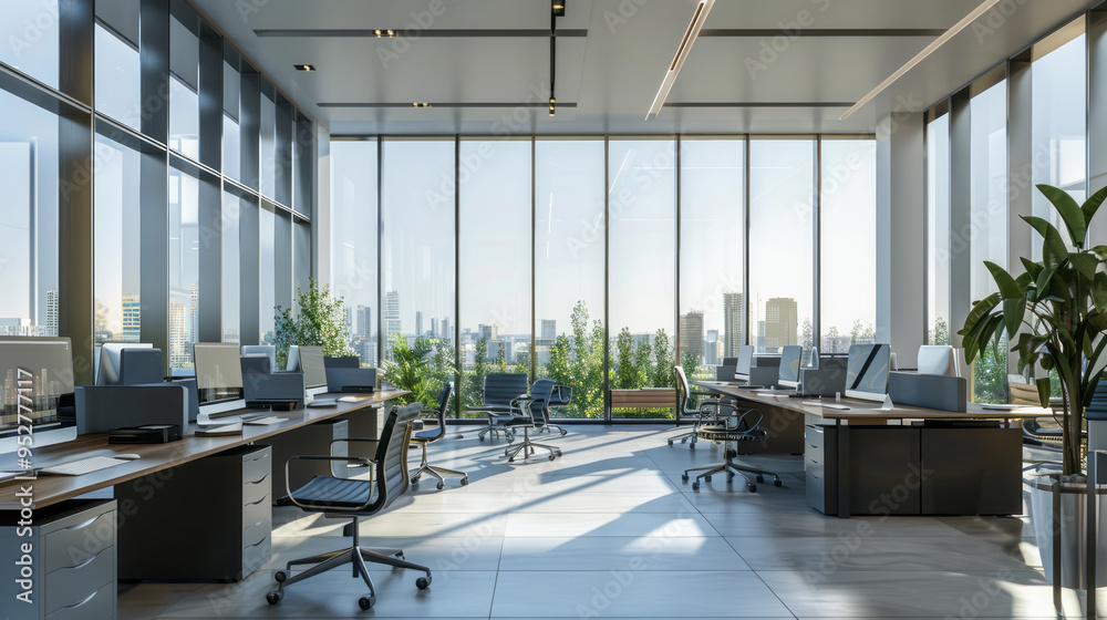 Poster a large open office space with a view of the city