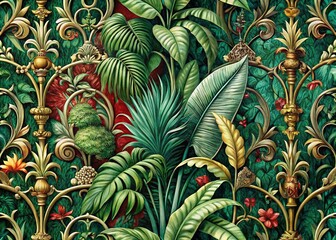 Obraz premium Florid botanical illustration lush greenery subtropical foliage tropical design style ornate metalwork victorian era lush textiles patterned fabric