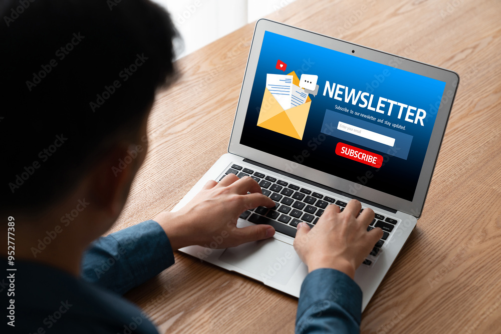 Poster newsletter signup page on computer for customer to subscribe snugly newsletter update information to