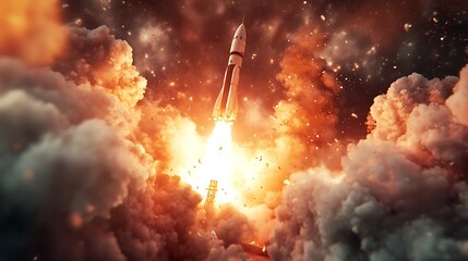 A Rocket Launching Through Orange Clouds