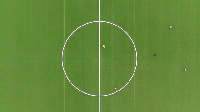 Aerial drone shot of a football pitch in the middle of a park in Bishops Stortford
