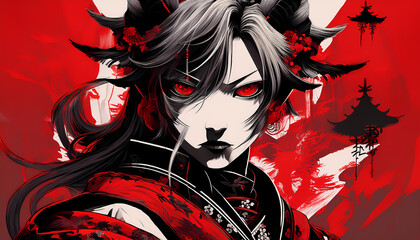 Naklejka premium Scary samurai illustration influenced by modern manga