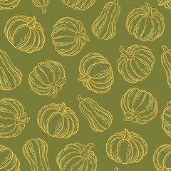Autumn seamless pattern with hand drawn orange pumpkins on green background, line drawing