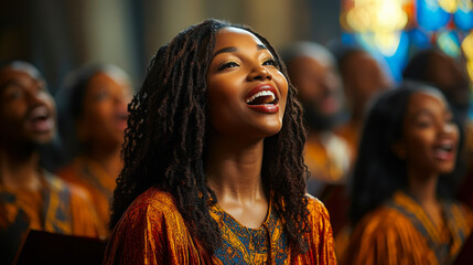 Fototapeta premium Joyful Gospel Choir Singing in Church, Group in Traditional Tunics Performing, Spiritual and Uplifting Choral Music, Vibrant Congregation, Worship and Praise
