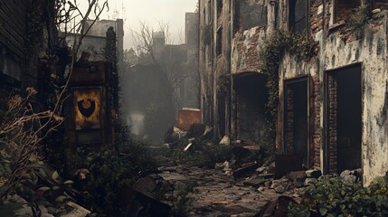 Fototapeta premium Post-apocalyptic urban landscape with vegetation reclaiming crumbling structures Gritty worn muted desaturated colors heavy textures detailed 3D ruins