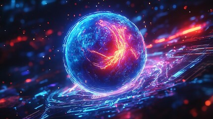 Glowing Sphere with Red and Blue Lights on a Circuit Board