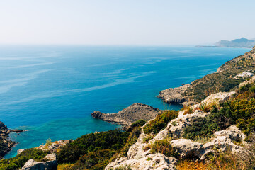 View of the coast of the island of Rhodes. The mountains of Rhodes, the sea in the background