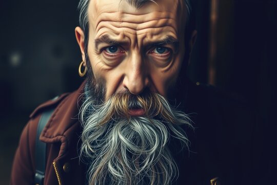 le visage d'un homme mature, encadr&eacute; par une barbe fournie, se distingue par un regard dur et imp&eacute;n&eacute;trable, r&eacute;v&eacute;lant une force int&eacute;rieure in&eacute;branlable.