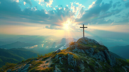 Obraz premium Crucifix on mountain peak with sunlight breaking through clouds at sunrise