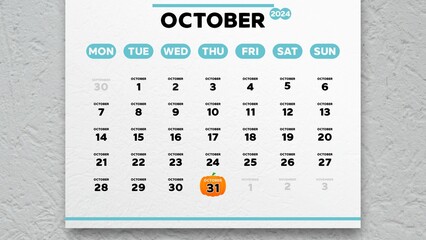 Close-up of a nice October page of the calendar 2024 with the date of Halloween marked on it