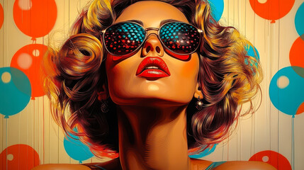 Obraz premium Retro Glamour Woman with Sunglasses in Modern Pop Art Style with Vibrant Colors and Balloon Background, Celebrating Vintage Chic and Contemporary Brilliance