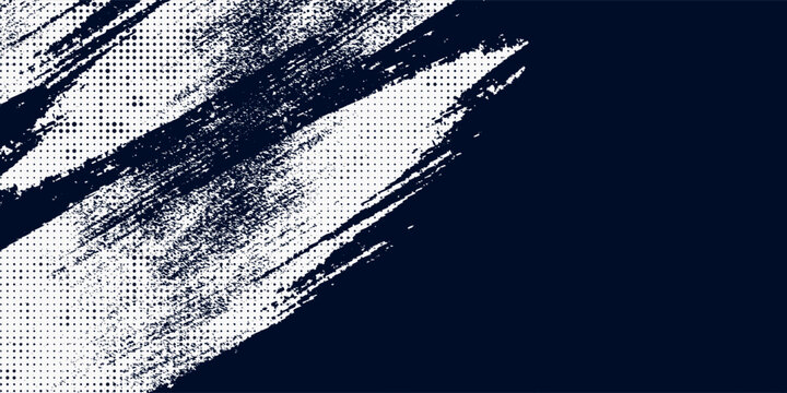 White brush strokes on a navy blue background illustration with a halftone effect Abstract grunge design element for a banner