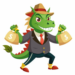Businessman Looking Cartoon 2D Vector Illustration of a Running Dragon Holding Money Bags, Front View, White Background